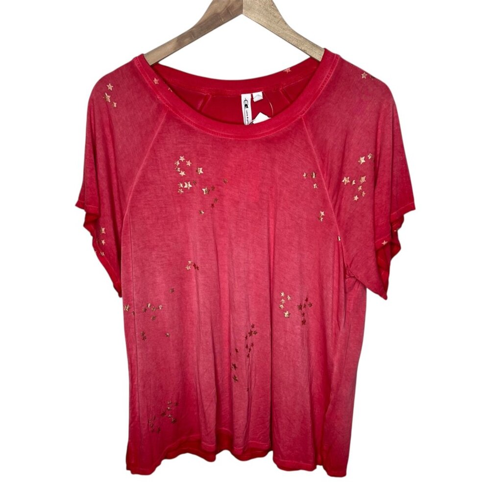 Cable & Gauge Womens Red Metallic Gold Star Print Festive T-Shirt Size Large